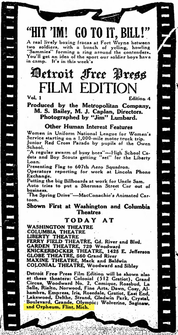 Orpheum Theatre - 1918 Listing From Detroit Paper (newer photo)